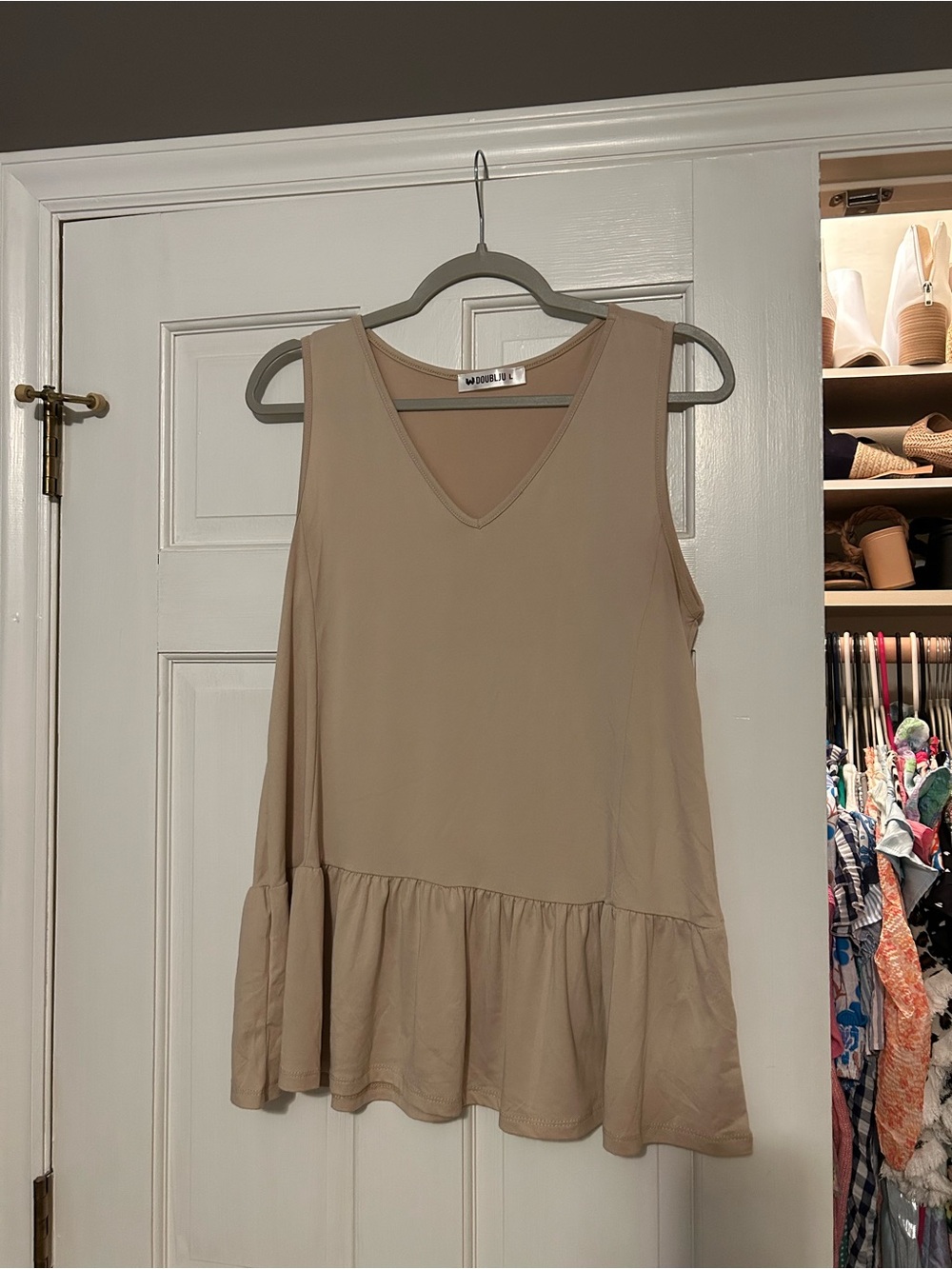 Doublju Beige V-Neck Ruffle Hem Tank Top